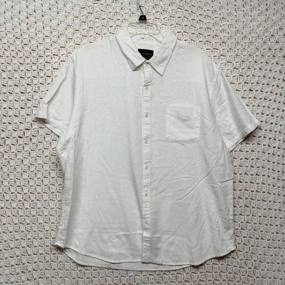 Lucky brand Linen Blend Shirt Mens Sz L White Short Sleeve Button Up Collar